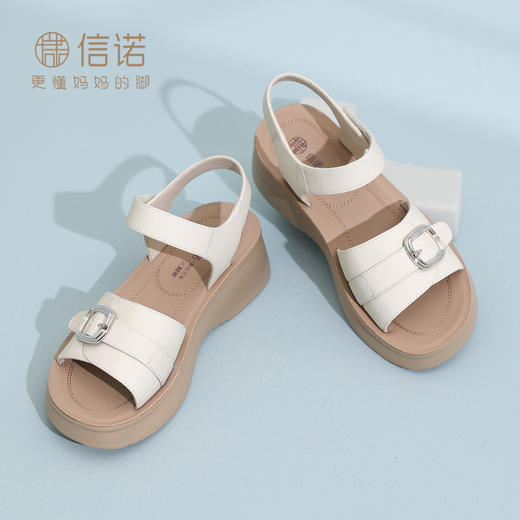 信诺真皮舒适厚底妈妈凉鞋女2026新款夏季软底不累脚魔术贴沙滩鞋6L906-11 商品图0