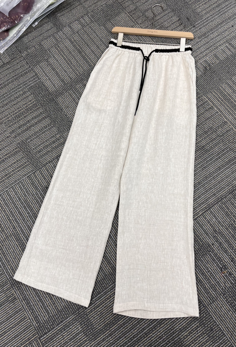 原单100%亚麻松紧腰抽绳阔腿直筒裤
