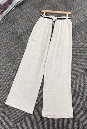 原单100%亚麻松紧腰抽绳阔腿直筒裤