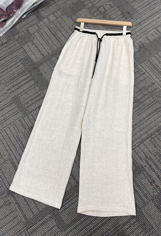 原单100%亚麻松紧腰抽绳阔腿直筒裤 商品图0