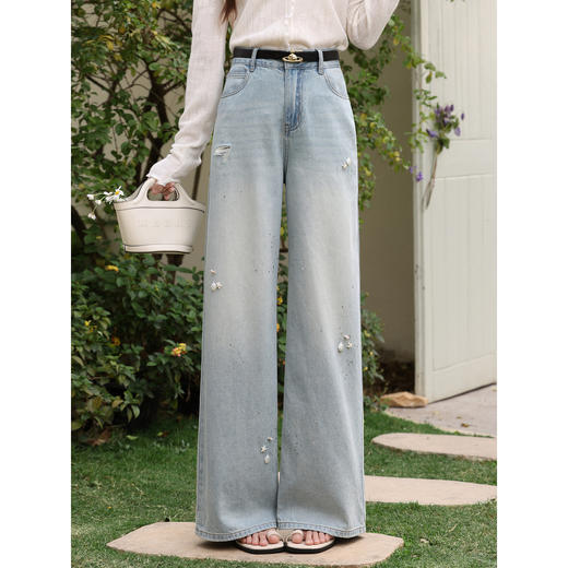 鹿向南「暖煦拾光」韩系浅蓝色阔腿直筒牛仔裤女春季宽松显瘦长裤 商品图3