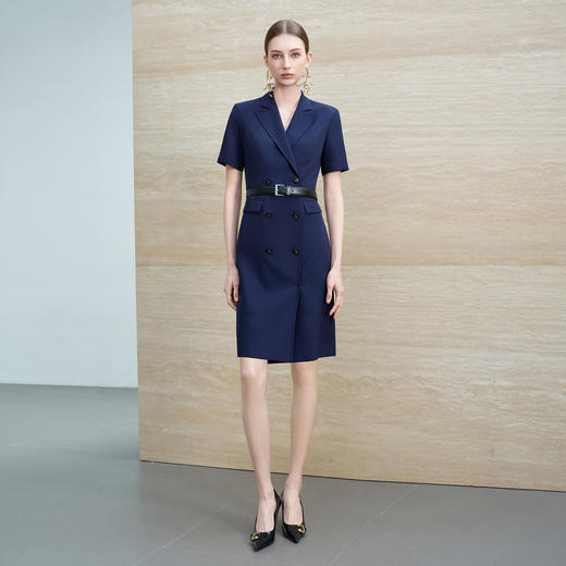 IWY/藏青色西装连衣裙女夏季短袖双排扣职业装通勤高级感中长裙6Q10 商品图1