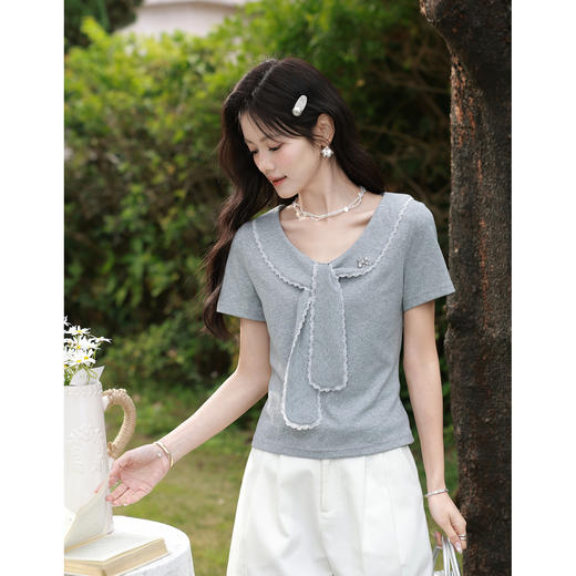 鹿向南「凉夏流云」灰色短袖T恤夏季新款时尚百搭设计感短上衣女 商品图1
