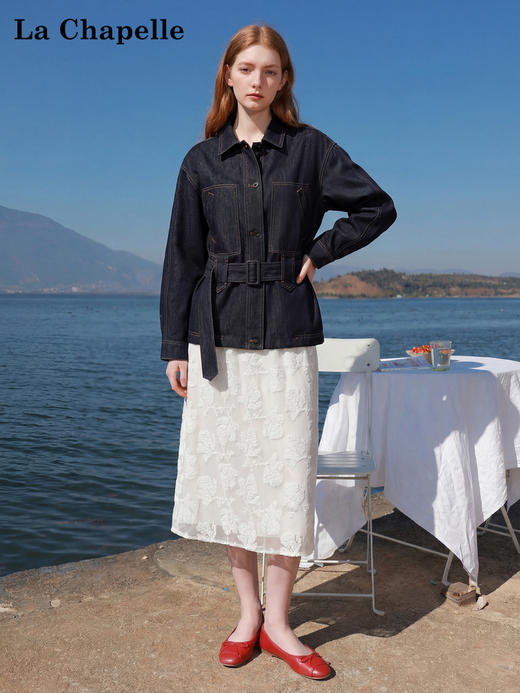 天猫同步【轻奢风牛仔】拉夏贝尔/La Chapelle翻领口袋明线廓形设计配腰带时髦牛仔上衣气质老钱风外套 商品图1