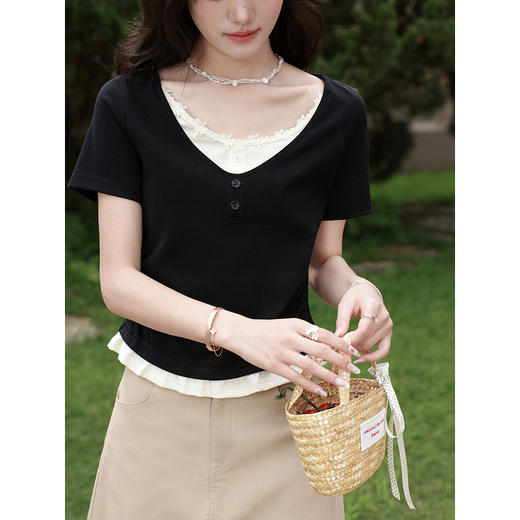 鹿向南【0331/20:00新品前1小时7折限量100件】黑色假两件短袖T恤 商品图2