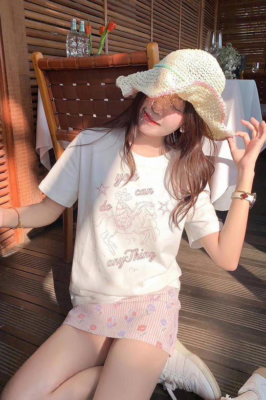 <曾小咸推荐>卡通印花圆领T恤条纹半身裙【预售7-15天发货】 商品图5