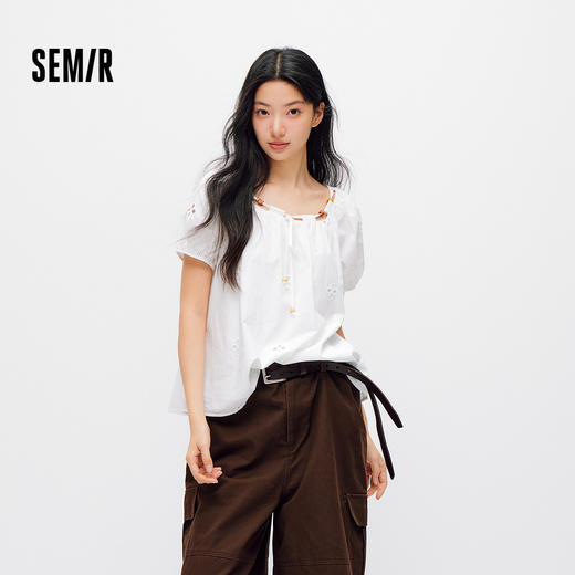 森马短袖衬衫女夏季短款串珠方领泡泡袖白色2026新款法式可爱上衣 商品图1