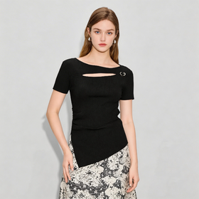 米思阳优雅镂空短袖针织衫女5Y25AU5413