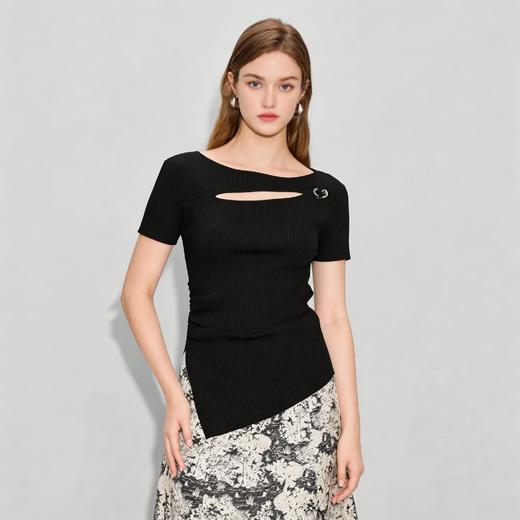 米思阳优雅镂空短袖针织衫女5Y25AU5413 商品图0