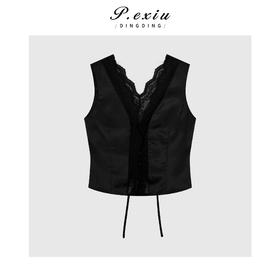 04-1潘依绣丁丁宠粉气质高级拼接蕾丝系绳V领马甲Q6542