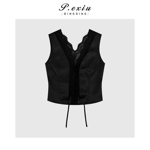 04-1潘依绣丁丁宠粉气质高级拼接蕾丝系绳V领马甲Q6542 商品图0