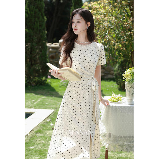 鹿向南「春野杏时」法式杏色波点连衣裙夏季新款气质修身短袖裙子 商品图1