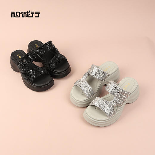 和诚行2026夏季新款时尚百搭厚底增高轻便舒适烫钻女式拖鞋2120022 商品图0