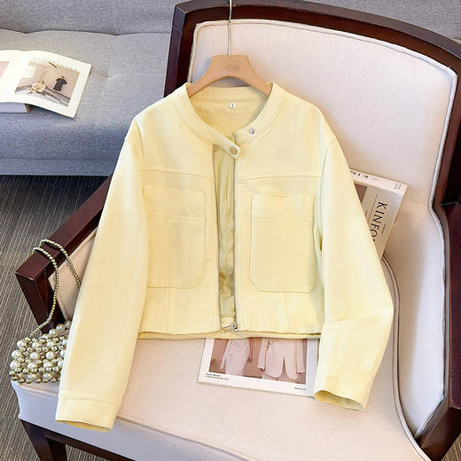 丁摩 超火小香风奶黄色圆领牛仔外套女短款春装新款减龄夹克6ZF-2537 商品图3