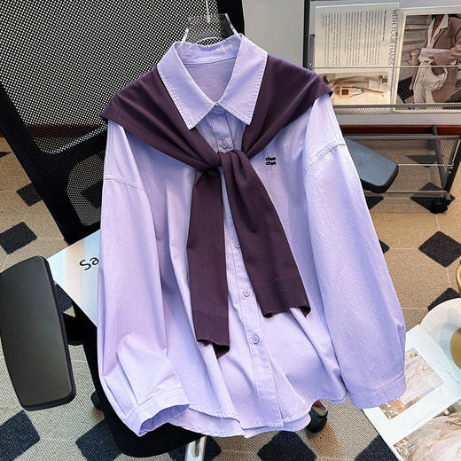 丁摩 紫色长袖衬衫外套加披肩两件套女早春新款独特漂亮巨好看上衣6ZF-29157 商品图0
