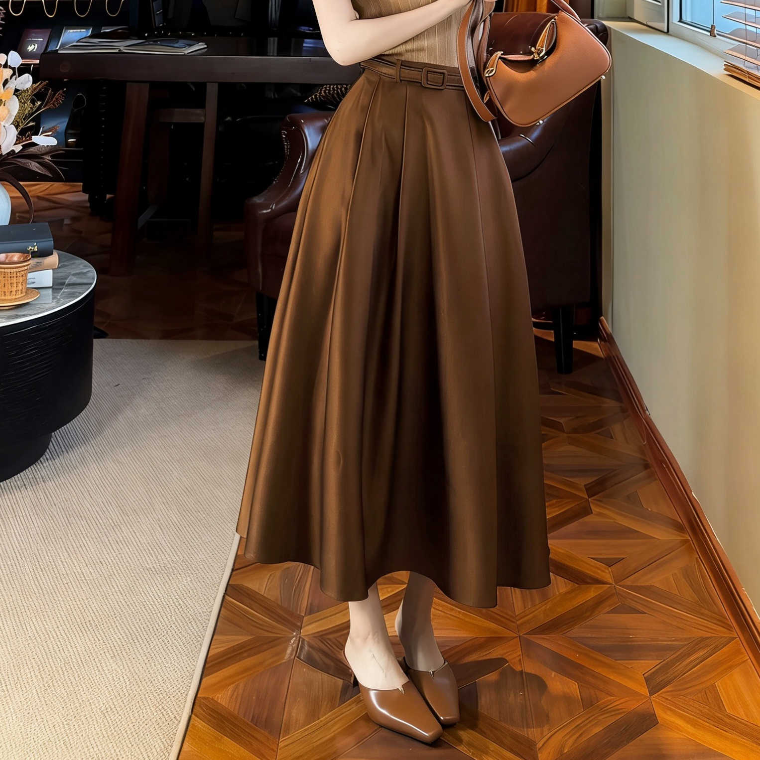 赫本佳人~高级感法式缎面丝羊毛大摆半身裙女显瘦腰带A字裙