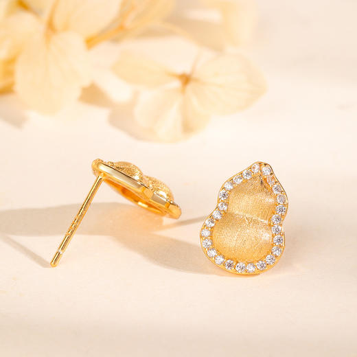 丁摩 s925纯银福禄葫芦耳钉女拉丝葫芦耳环新中式高级感黄金色6ZF-3301 商品图2