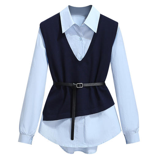 丁摩 长袖衬衫收腰加针织马甲背心两件套女早春慵懒风上衣6ZF-5517 商品图4