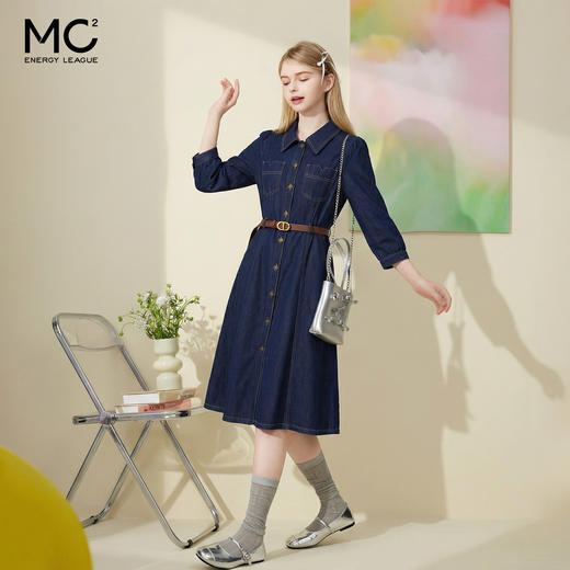 mc2牛仔连衣裙女秋2023年春装新款气质显瘦八分袖a字翻领牛仔裙 商品图2