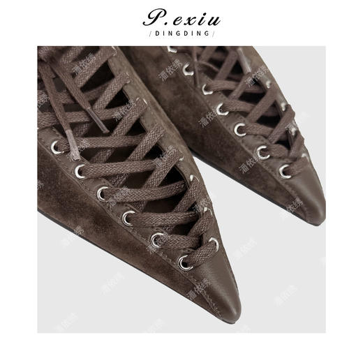 详情 PanYiXiu/潘依绣羊皮复古绒面拼接交叉绑带尖头玛丽珍单鞋 QL87602 商品图2