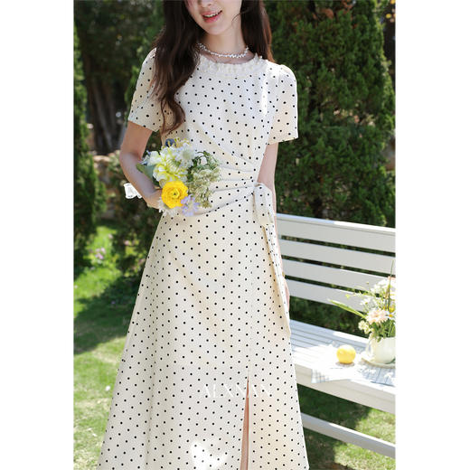 鹿向南「春野杏时」法式杏色波点连衣裙夏季新款气质修身短袖裙子 商品图3