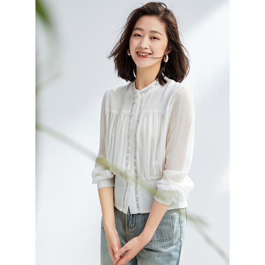 丁摩 纯真丝桑蚕丝拼蕾丝长袖衬衫女早春气质上衣开衫6ZF-2443 商品图3