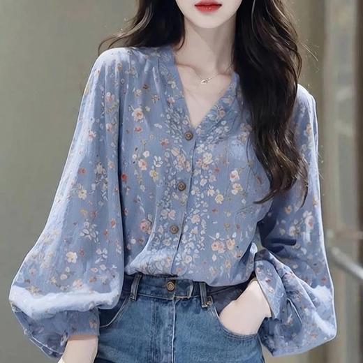 丁摩 春秋法式绝美独特淑女气质森系蓝色碎花长袖衬衫上衣女慵懒风6ZF-9279 商品图2
