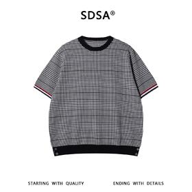 SDSA男装2026新款轻奢潮牌千鸟格撞色条纹袖口针织短袖T恤百搭