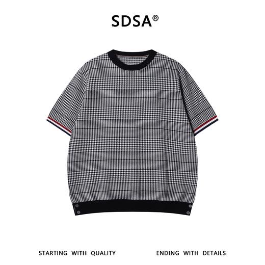 SDSA男装2026新款轻奢潮牌千鸟格撞色条纹袖口针织短袖T恤百搭 商品图0