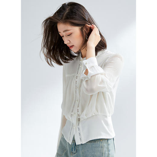 丁摩 纯真丝桑蚕丝拼蕾丝长袖衬衫女早春气质上衣开衫6ZF-2443 商品图1
