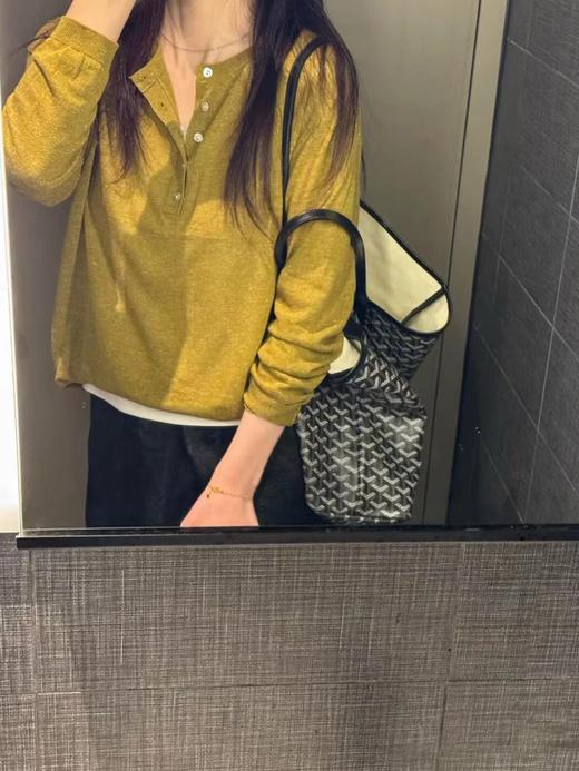 F032954显白老钱姜黄色春夏新款老钱风天爽亚麻排扣长袖针织衫 商品图3