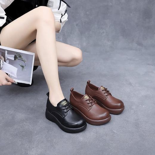 丁摩 春秋真皮休闲系带女鞋头层牛皮厚底坡跟中跟单鞋舒适软底大码鞋6ZF-96823 商品图1