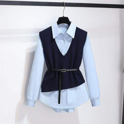 丁摩 长袖衬衫收腰加针织马甲背心两件套女早春慵懒风上衣6ZF-5517 商品图1