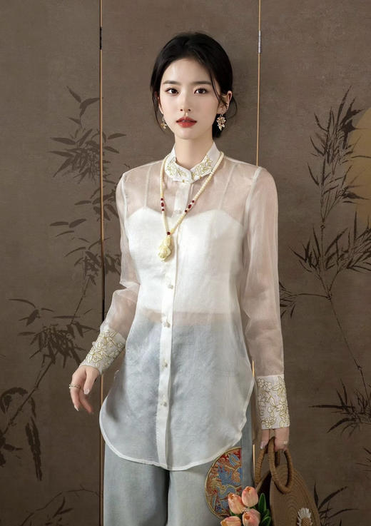 原单新款天丝重磅刺绣透视衬衫 商品图0