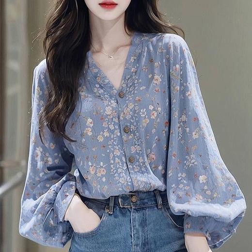 丁摩 春秋法式绝美独特淑女气质森系蓝色碎花长袖衬衫上衣女慵懒风6ZF-9279 商品图1