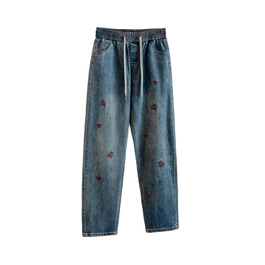 丁摩 早春新款刺绣樱桃烫钻时尚宽松【老爹裤】大码女装6ZF-52699 商品图4