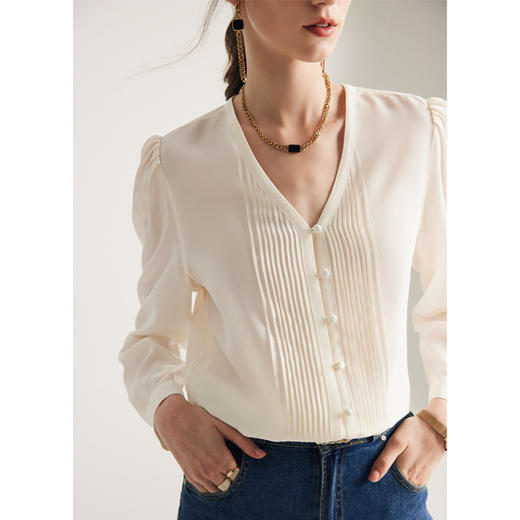 丁摩 真丝衬衫女春夏新款V领长袖双绉100%桑蚕丝衬衣6ZF-ML238 商品图2