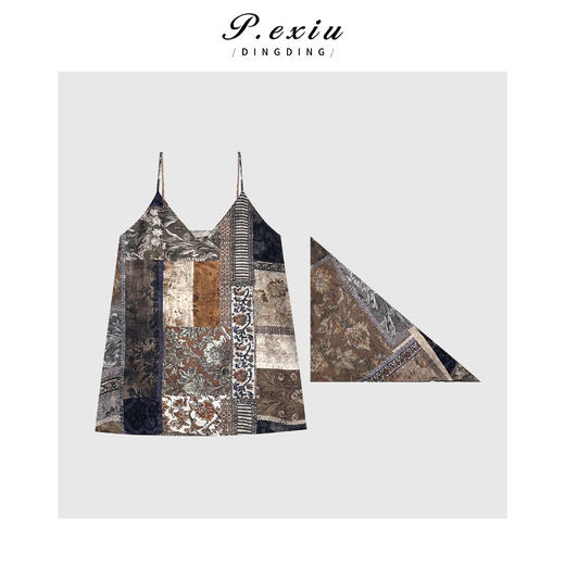 04-1潘依绣丁丁宠粉复古调性印花丝巾吊带背心Q1694 商品图0