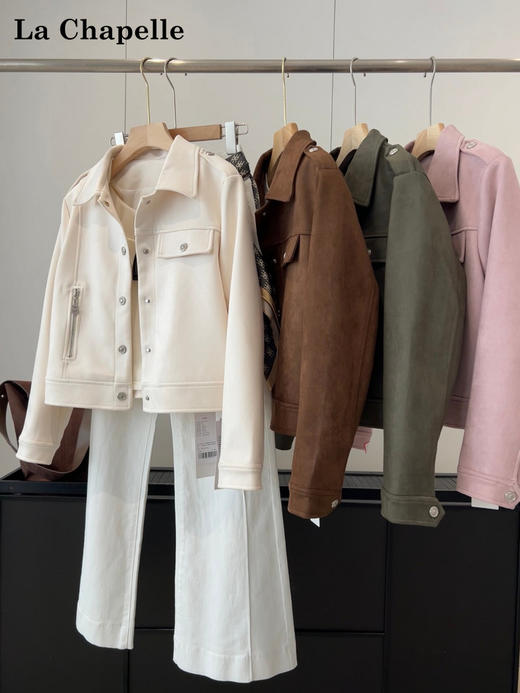 天猫同步【夹克外套】拉夏贝尔/La Chapelle翻领正肩按扣口袋麂皮绒机车风短外套百搭显瘦夹克上衣 商品图2