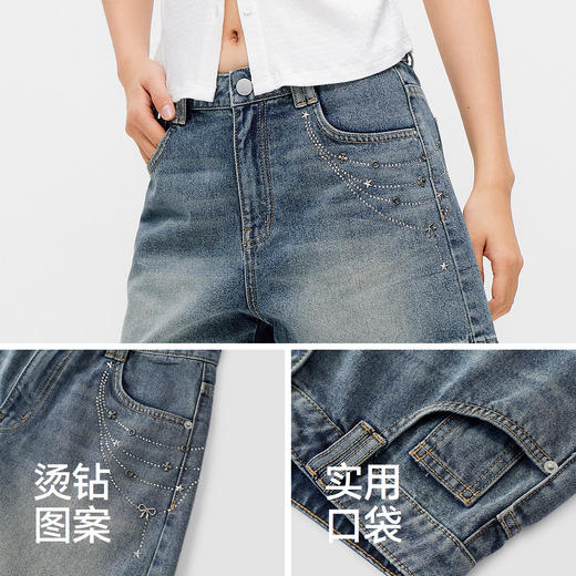 森马牛仔裤女夏季烫钻图案做旧2026新款甜酷街头女生个性时尚短裤 商品图3