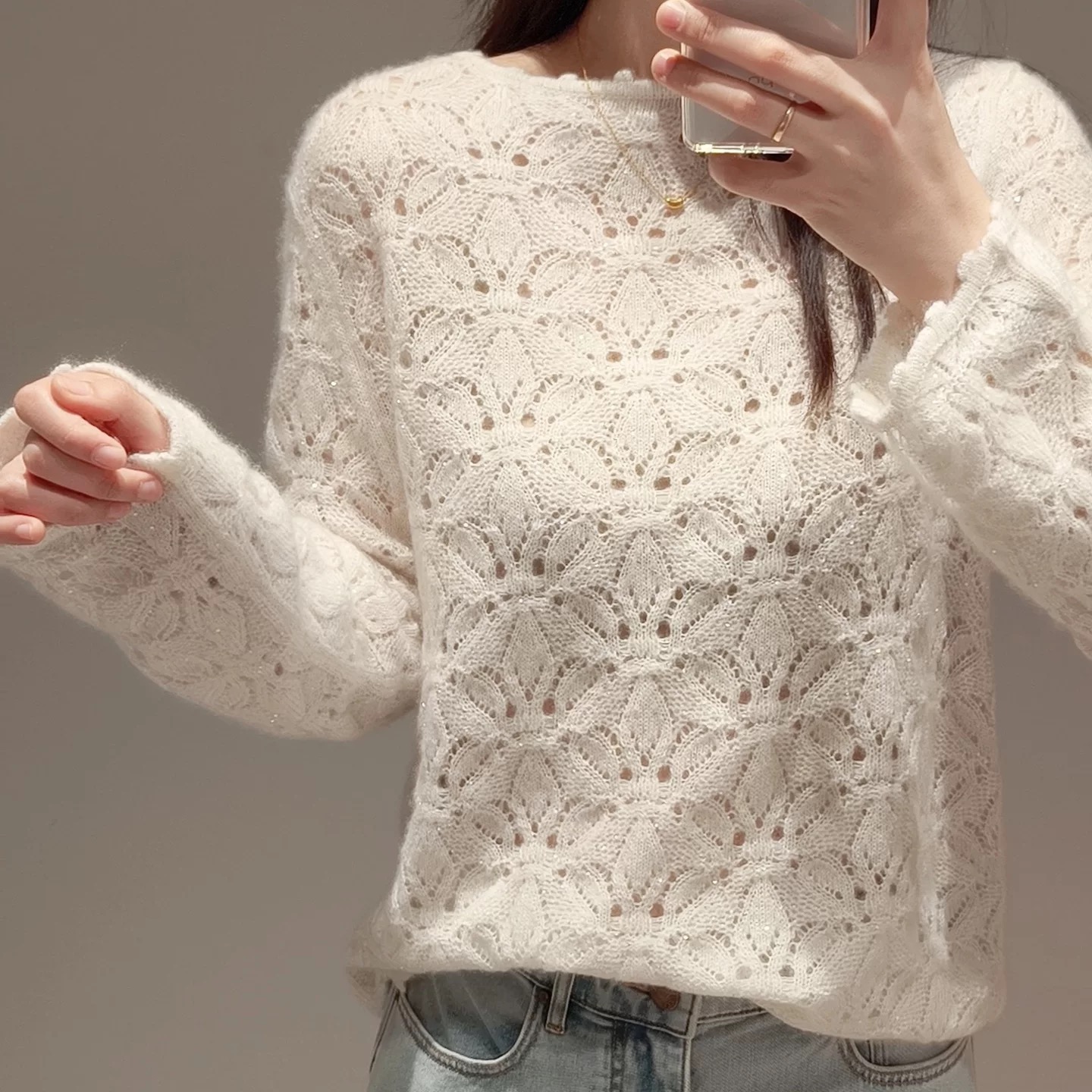 E家同款！~ 镂空翻花羊绒开衫圆领花边装饰亮片纱针织衫