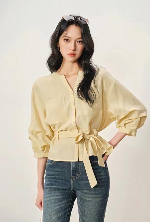 F032955夏季法式收腰新品亚麻显瘦中袖V领系带衬衫 商品图2