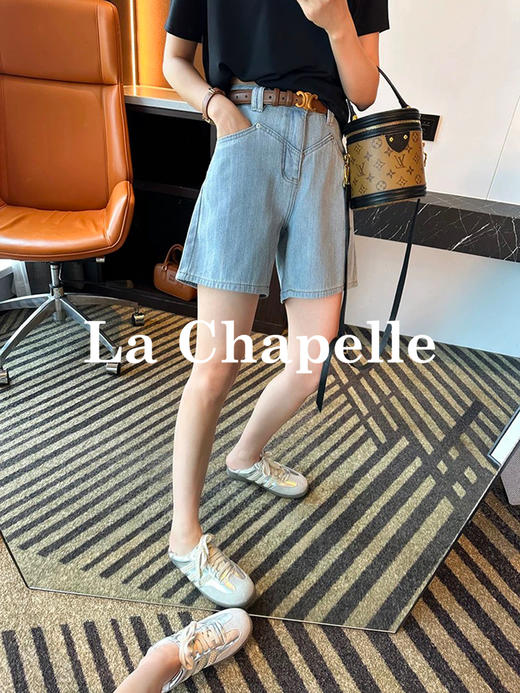 专柜实拍【版型巨正~】拉夏贝尔/La Chapelle棉质舒适好穿高腰单扣多裤袢口袋纯色百搭显瘦牛仔短裤 商品图1