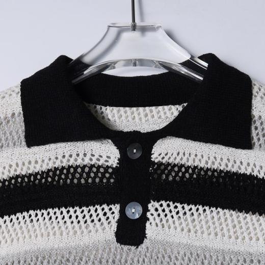 SDSA男装2026新款高贵轻奢简约撞色条纹镂空针织翻领短袖T恤百搭 商品图1