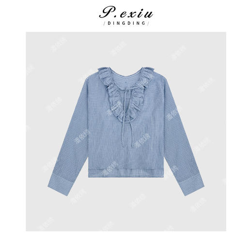 03-5潘依绣丁丁宠粉法式优雅细格纹V领长袖衬衫Q9582 商品图0