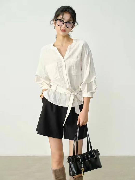 F032955夏季法式收腰新品亚麻显瘦中袖V领系带衬衫 商品图3