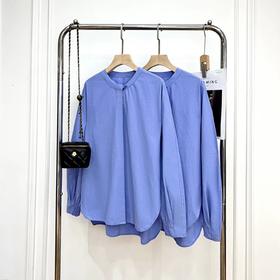 F032959显白蔚蓝色~早春新款新中式设计感领口盘扣气质衬衫