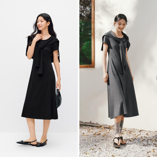 森马连衣裙女夏季凉感亨利领正肩纯色披肩2026新款优雅休闲风长裙 商品图4