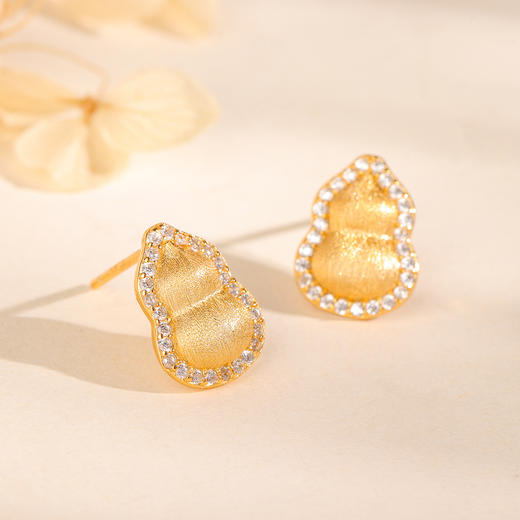 丁摩 s925纯银福禄葫芦耳钉女拉丝葫芦耳环新中式高级感黄金色6ZF-3301 商品图0