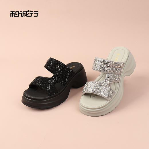和诚行2026夏季新款时尚百搭厚底增高轻便舒适烫钻女式拖鞋2120022 商品图2